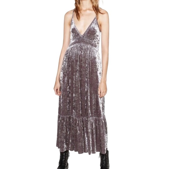 Zara Dresses & Skirts - Zara Crushed Velvet Maxi Dress Gray Silver Size Medium Boho Holiday V Neck